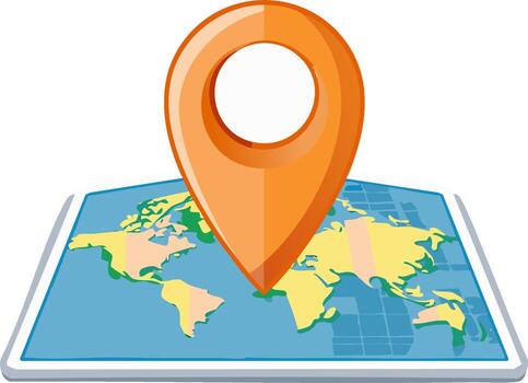 Global Navigation World Map with Orange Location Pin Marker Icon vector