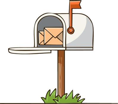 Hand drawn cartoon illustration of an open mailbox with letters inside and flag up vector