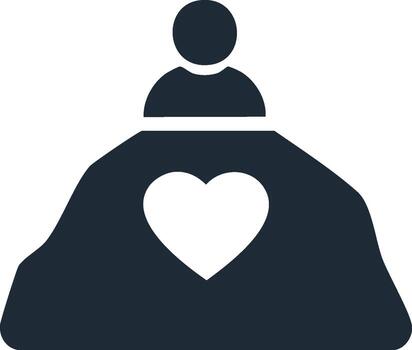 soltero persona icono con corazón símbolo en resumen forma representando apoyo o cuidado vector