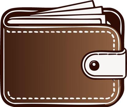 Brown leather wallet with white stitching and a secure snap closure showing several white paper inserts vector