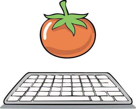 Playful red tomato floating above a sleek white computer keyboard conceptual digital illustration vector