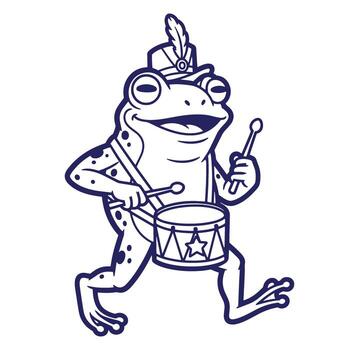 Marching frog character in uniform playing a drum with cheerful expression and attitude vector