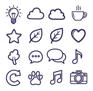 Set of hand drawn outline icons representing various concepts and elements in simple design vector