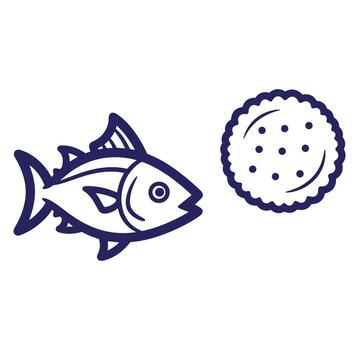 sencillo ilustración de pescado y galleta con azul contorno en blanco antecedentes vector