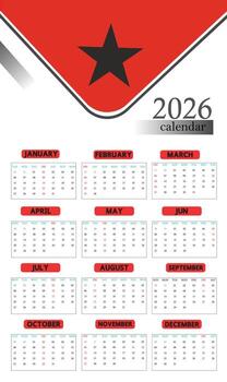 2026 Calendar Featuring a Graphic Design with a Star and Red Color Palette vector