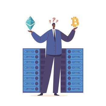 Man Deliberates On Investing In Either Ethereum Or Bitcoin, Weighing Factors Such As Market Performance, Stability vector