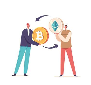 Male Characters Trade Ethereum And Bitcoin With Each Other, Exchanging Digital Currencies Securely And Efficiently vector