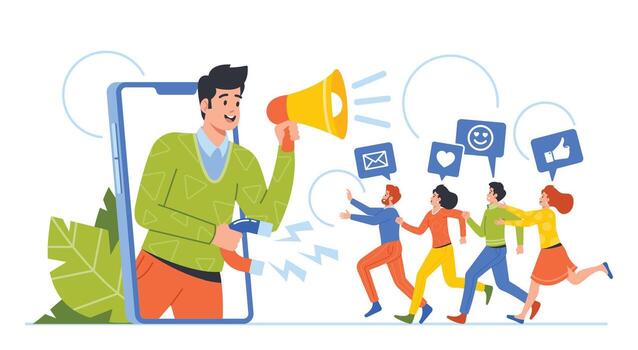 Referral Program Business Concept. Salesman Character Shouting to Megaphone Attracting Audience to Refer Friends vector