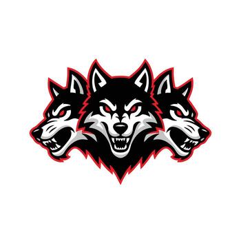 Dynamic triple wolf head logo, highly stylized illustration of three fierce canines with sharp fangs, ideal for powerful brand identity and emblems vector