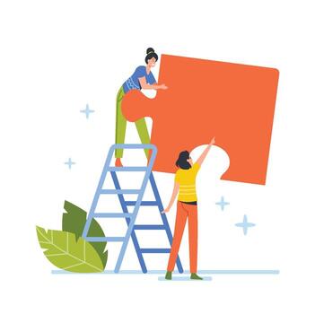 Teamwork and Collaboration Concept. Tiny People with Huge Puzzle Piece Stand on Ladder Trying to Find Solution Together, Business Metaphor of Coworking, Brainstorm. Cartoon Illustration vector