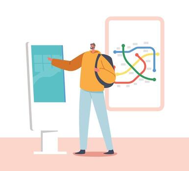 Male Character Using Info Kiosk in Subway Reading Information on Digital Interactive Device Screen with Underground Area Plan. Man Use Self Service for Buying Tickets. Cartoon Illustration vector