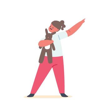 Little Child Playing with Toy. Kid with Plush Rabbit Pointing with Index Finger, Girl Has Recreation Isolated on White Background. Kids Activity, Character Fun Game. Cartoon People Illustration vector