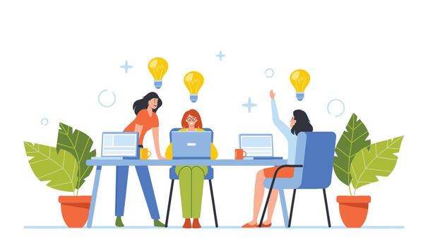 idea genial concepto. negocio personas que se discute idea en tablero reunión en oficina. equipo proyecto desarrollo, trabajo en equipo proceso. empleados caracteres trabajo y comunicar. dibujos animados ilustración vector