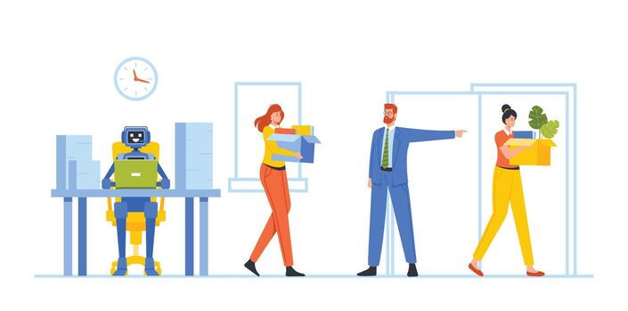 cyborg reemplazar personas a trabajo. robótica industria, artificial inteligencia concepto. robot reemplazar empleado personaje a trabajar, trabajador Rotación tecnologías, automatización. dibujos animados personas ilustración vector