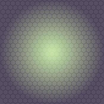 Abstract background with a seamless hexagonal grid pattern and a soft, glowing green radial gradient on a dark purple surface, illustration vector