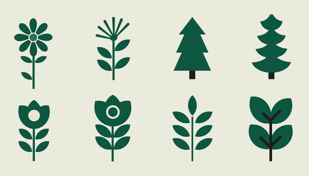 Set of stylized green botanical and tree illustrations on cream background vector
