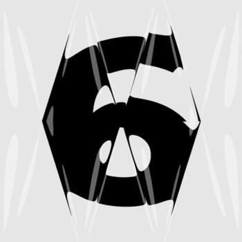 Abstract distorted number 6 with liquid glass refraction effect. Modern black and white design featuring bold typography warped through optical distortion and glossy prism reflections. vector