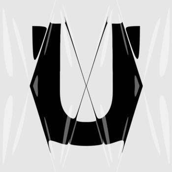 Abstract distorted letter U with liquid glass refraction effect. Modern black and white design featuring bold typography warped through optical distortion and glossy prism reflections. vector