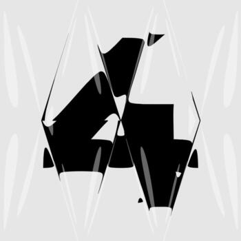 Abstract distorted number 4 with liquid glass refraction effect. Modern black and white design featuring bold typography warped through optical distortion and glossy prism reflections. vector