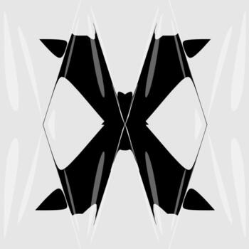 Abstract distorted letter X with liquid glass refraction effect. Modern black and white design featuring bold typography warped through optical distortion and glossy prism reflections. vector
