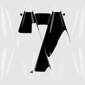 Abstract distorted number 7 with liquid glass refraction effect. Modern black and white design featuring bold typography warped through optical distortion and glossy prism reflections. vector