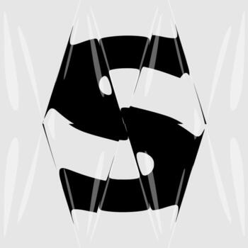 Abstract distorted letter S with liquid glass refraction effect. Modern black and white design featuring bold typography warped through optical distortion and glossy prism reflections. vector