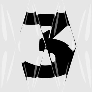 Abstract distorted number 3 with liquid glass refraction effect. Modern black and white design featuring bold typography warped through optical distortion and glossy prism reflections. vector