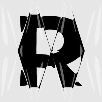 Abstract distorted letter R with liquid glass refraction effect. Modern black and white design featuring bold typography warped through optical distortion and glossy prism reflections. vector