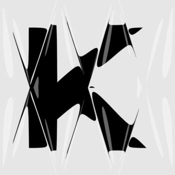 Abstract distorted letter K with liquid glass refraction effect. Modern black and white design featuring bold typography warped through optical distortion and glossy prism reflections. vector