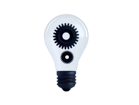 ljus Glödlampa med två svart kugghjul inuti symboliserar innovation kreativitet och teknologi på genomskinlighet bakgrund representerar idéer teknik och mekanisk begrepp png