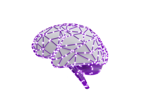 digitale cervello artificiale intelligenza neurale Rete tecnologia innovazione viola raggiante futuristico scienza dati concetto. stilizzato digitale cervello con interconnesso raggiante viola nodi e Linee png