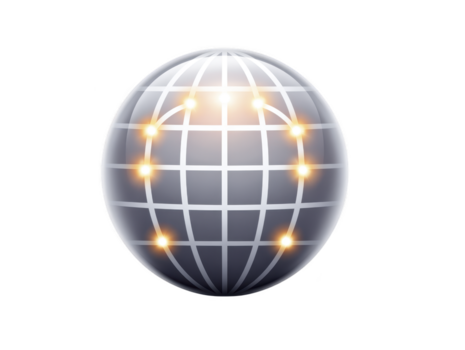 Glowing globe with grid lines and illuminated points, symbolizing global network, digital connection, and worldwide communication in modern, futuristic style png