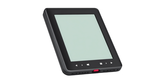 Preto eletrônico tábua com em branco tela, isolado em transparência fundo, apresentando navegação botões e vermelho sotaque, moderno digital dispositivo para lendo ou multimídia usar png