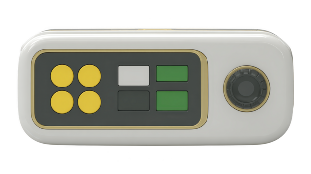 Remote control with yellow white and green buttons black circular dial rectangular white plastic body modern design isolated on transparent background technology device png