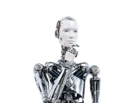 Robot artificial intelligence humanoid futuristic technology chrome thinking innovation machine science cybernetic android digital modern automation intelligence future metal advanced concept png