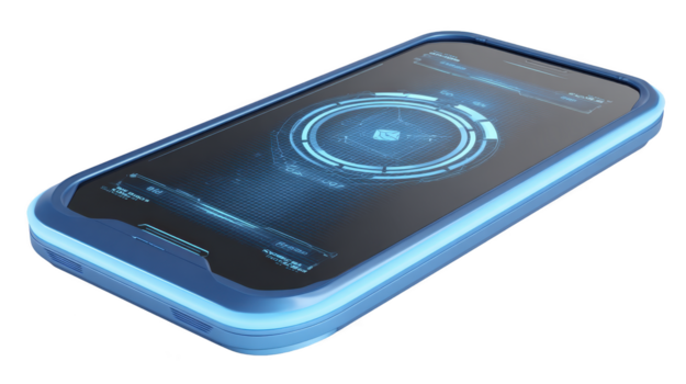 Futuristic smartphone with blue glowing edge, digital interface, and holographic display, isolated on transparency background, modern technology, innovation, and sleek design png