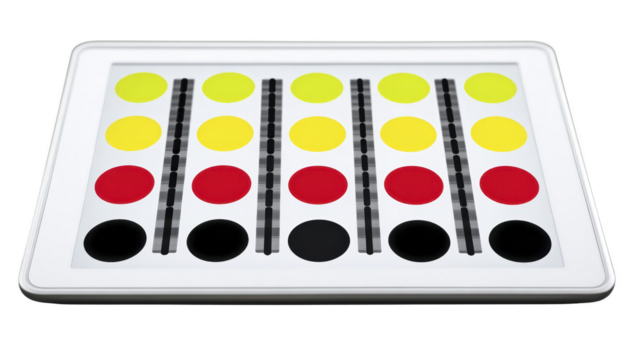 vistoso redondo tokens en amarillo, rojo, y negro arreglado en filas en blanco rectangular tablero con negro a rayas divisores, creando juguetón y organizado modelo png