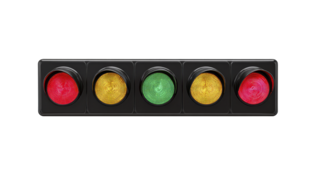 röd gul grön och bärnsten trafik lampor i horisontell rad isolerat på transparent bakgrund symboliserar sluta varning och gå signaler med modern design png