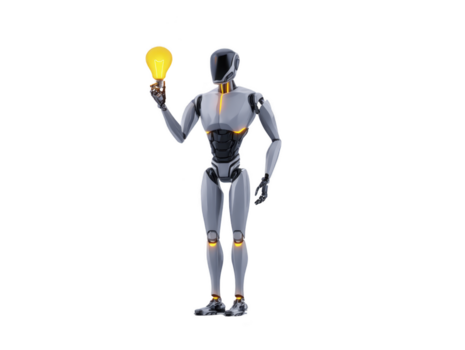 Futuristic humanoid robot holding glowing light bulb, symbolizing innovation, technology, and artificial intelligence, with metallic body and illuminated joints, isolated on transparent background png