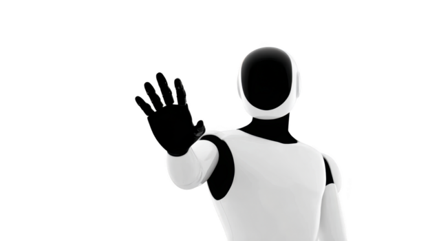 Robot artificial intelligence humanoid white black futuristic technology isolated gesture hand innovation digital modern science android machine smart advanced cyber communication emotionless png