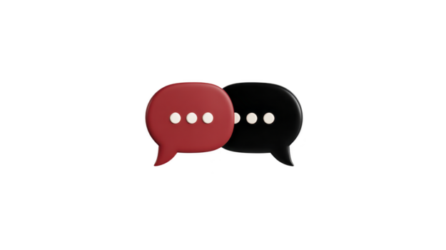 3D chat bubble icon with red and black speech bubbles, symbolizing online conversation, communication, and social interaction, isolated on transparency background png
