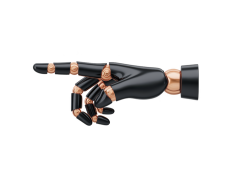 negro robótico mano con oro articulaciones señalando a izquierda, futurista tecnología concepto, artificial inteligencia, innovación, y moderno diseño, aislado en transparencia antecedentes png