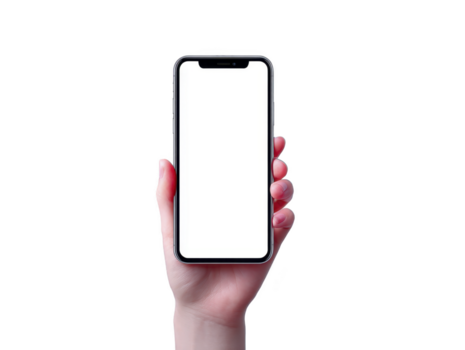 Hand holding smartphone with blank white screen, isolated on transparent background, modern technology, digital device, mockup for app or website, clean and minimal design png