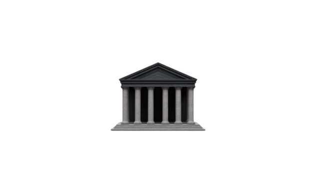 Ancient building with stone columns, classical architecture, gray facade, triangular pediment, historic structure, isolated on transparency background png