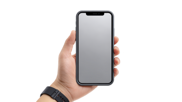 mano Tenere moderno smartphone con vuoto schermo, isolato trasparenza sfondo, tecnologia concetto, modello per App o sito web disegno, realistico stile, neutro emozione, indossabile dispositivo visibile png