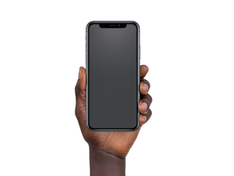 Hand holding smartphone with blank screen, isolated on transparency background, modern technology, communication, and connectivity concept, suitable for app presentation or mockup design png