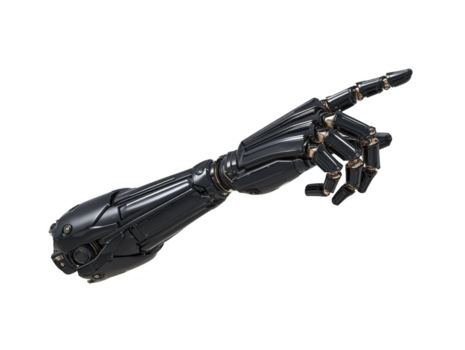 trogen robot ärm, svart metall, pekande gest, Avancerad teknologi, artificiell intelligens, innovation, isolerat på genomskinlighet bakgrund png