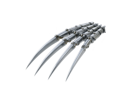 métallique griffe main avec tranchant lames, futuriste robotique conception, isolé sur transparence arrière-plan, évoque Puissance et intimidation, mécanique des doigts, sci Fi concept png