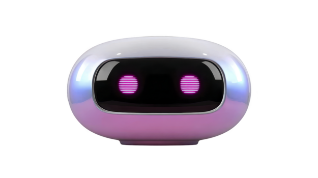 Futuristic robot head with glowing pink eyes, smooth metallic surface, and rounded shape, isolated on transparent background, evokes friendly and modern technology vibes png