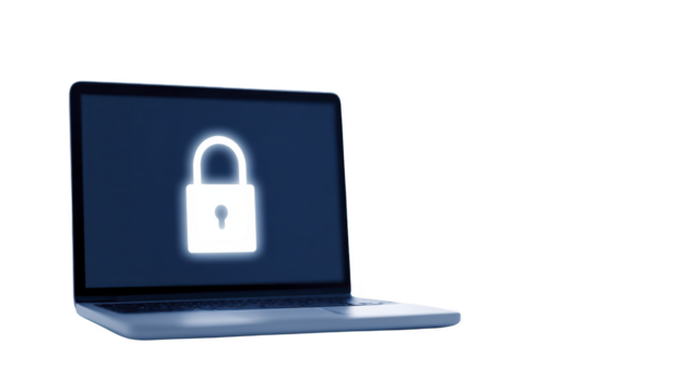 il computer portatile con raggiante lucchetto icona su schermo, simboleggiante sicurezza informatica, dati protezione, privacy, e sicuro in linea accesso, con trasparenza sfondo e moderno tecnologia concetto png